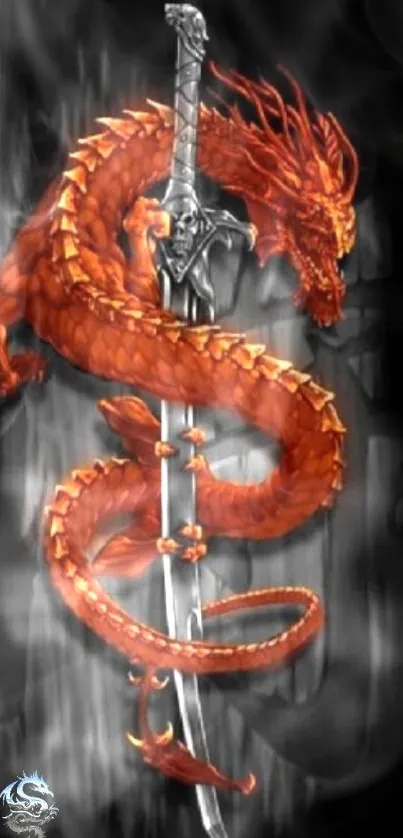 Red dragon coiled around a sword with a smoky backdrop.