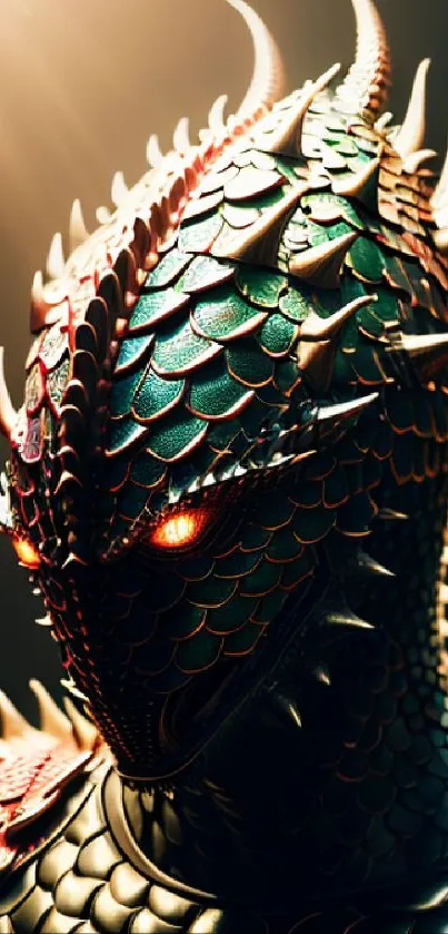 Dragon armor with intricate scales and glowing eyes, set in vibrant light.