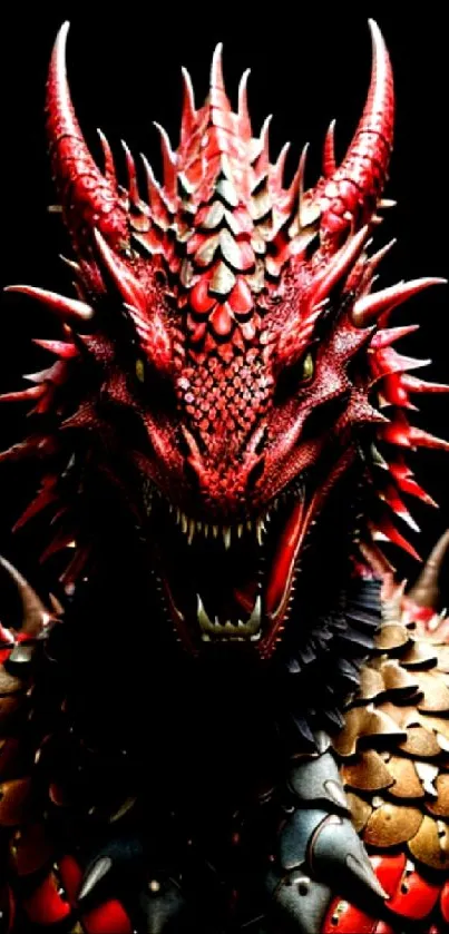 Red scaled dragon in armor, fierce and majestic fantasy wallpaper.