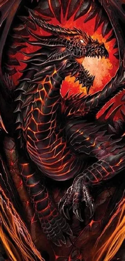 Fierce black dragon with fiery elements, perfect for a dynamic phone wallpaper.