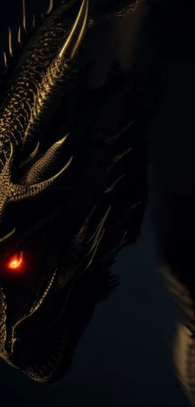 Detailed dark dragon with glowing red eye.