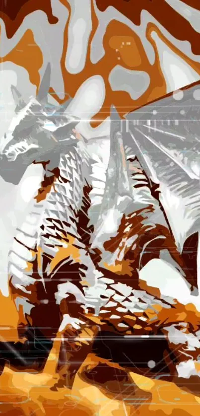 Abstract dragon art wallpaper with bold orange and white tones.