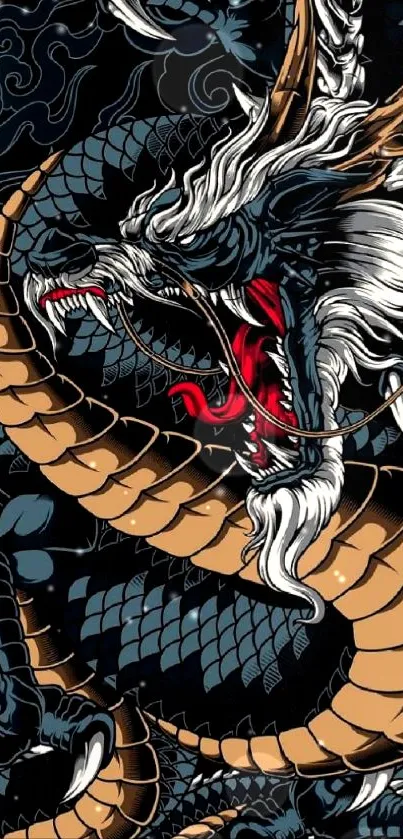 Intricate fierce dragon art wallpaper with dark tones.