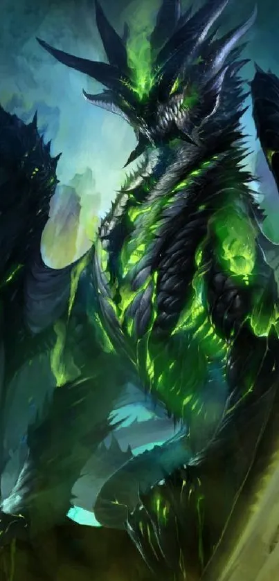 Vibrant dragon artwork with green glow and dark tones.