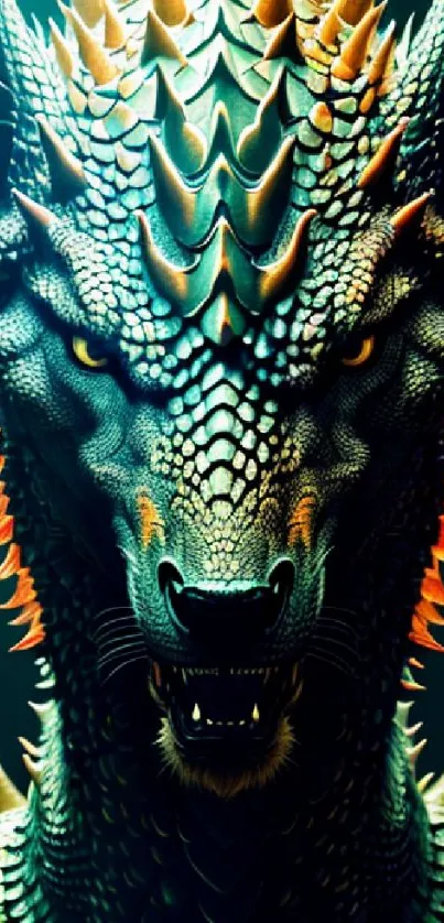 Fierce dragon artwork with vibrant teal scales and sharp features.