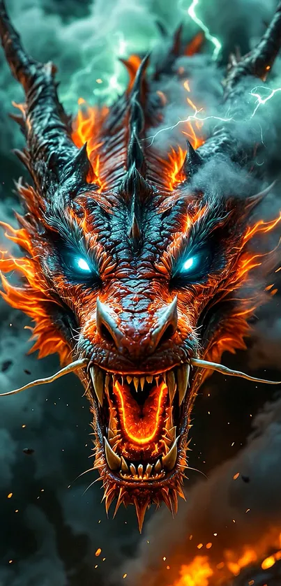 Fiery dragon artwork with intense colors and stormy background.