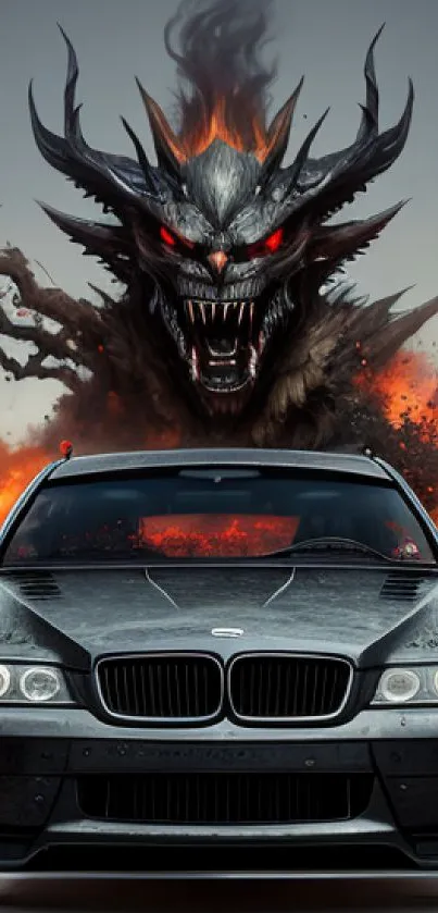 Black car with a fiery dragon in the background on a mobile wallpaper.