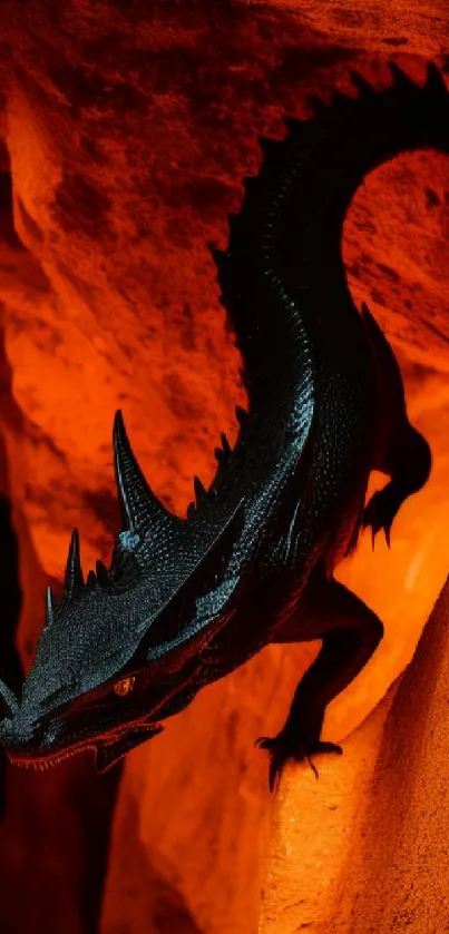 Black dragon in fiery orange cave setting, mobile wallpaper.