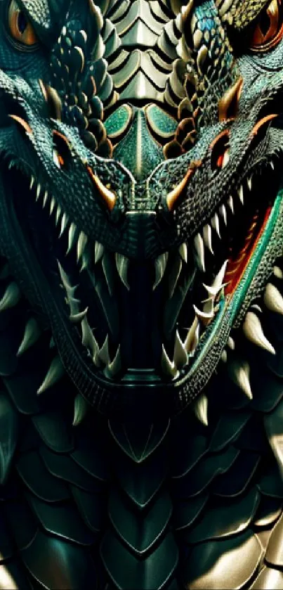 Close-up of a fierce dragon with detailed scales and fiery eyes.