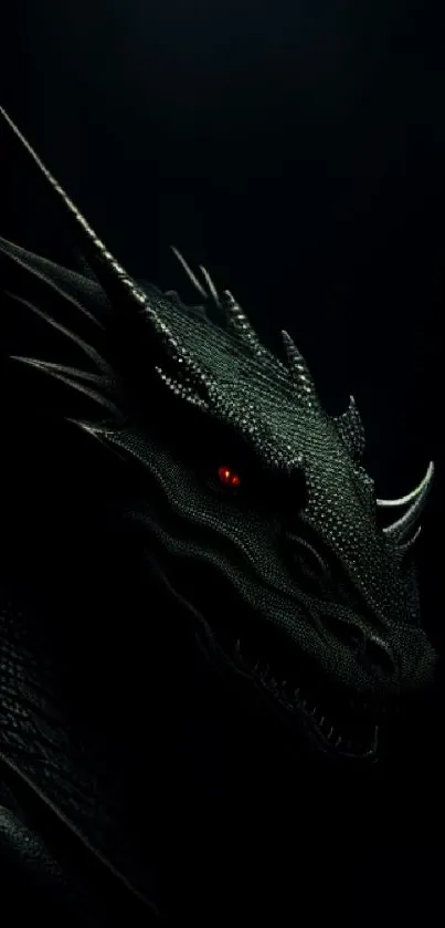 Dark dragon with red eyes on black background.