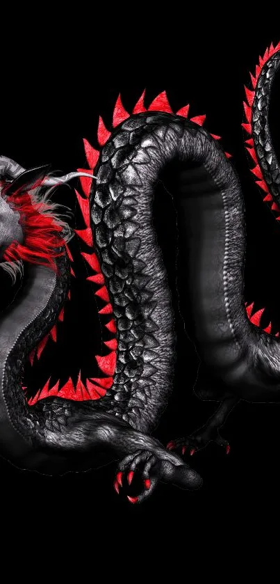 Detailed black dragon with red accents on a black background wallpaper.