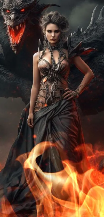 Fierce warrior queen and dragon amid fiery flames in fantasy art.