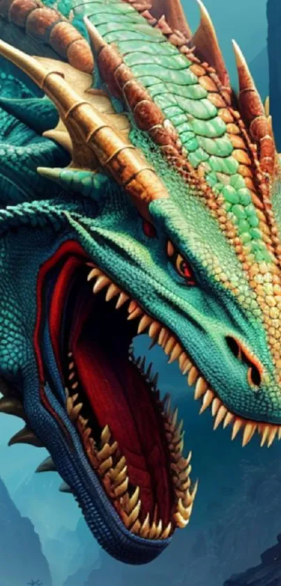 Fierce teal dragon with flames behind, set in a mystical landscape.