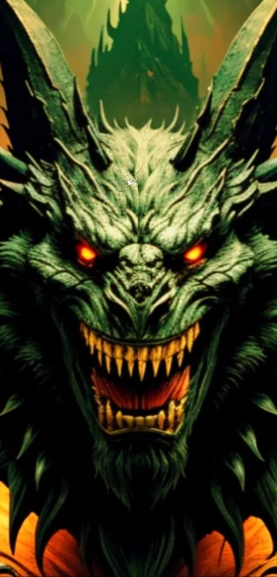 Fierce dragon with fiery eyes and dark green aura fantasy wallpaper.