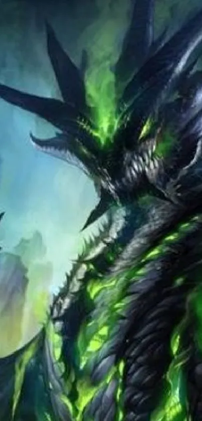 Dark green dragon fantasy art wallpaper with mystical elements.
