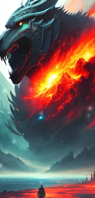 Epic fantasy dragon artwork with fiery colors and creative landscape.