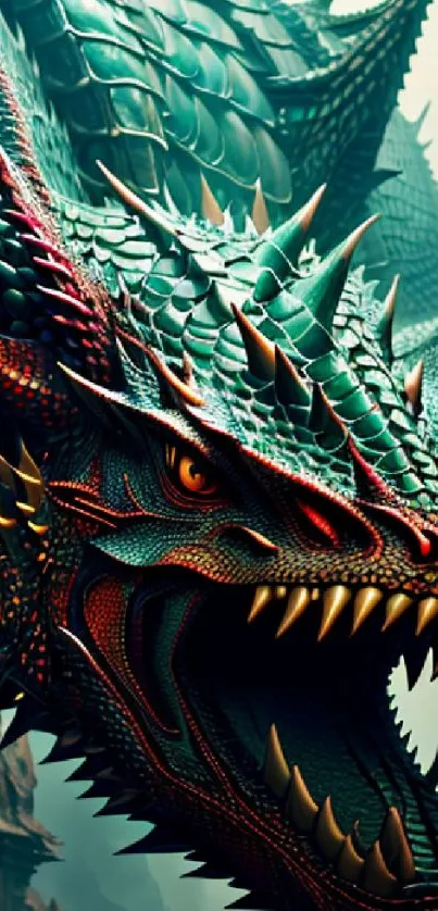 A fierce dragon with green scales and sharp teeth in a fantasy illustration.