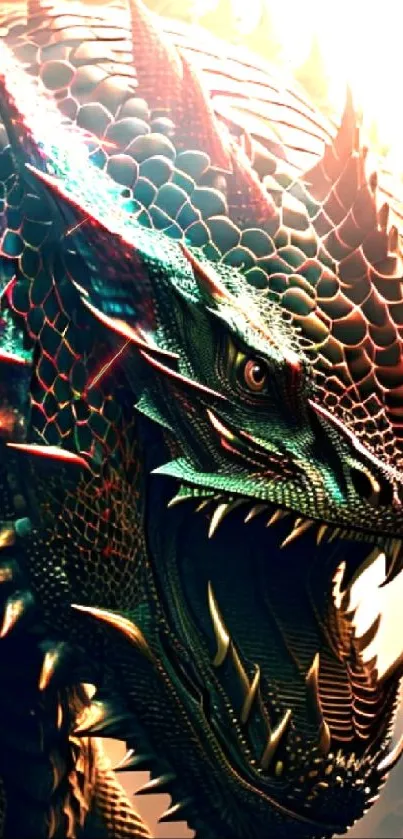 Fierce dragon fantasy art with vibrant scales and intense expression.