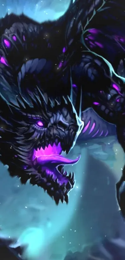 Fierce black dragon with glowing purple accents in a fantasy scene.