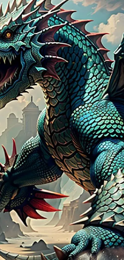 Epic teal-scaled dragon in fantasy landscape with dramatic cliffs.