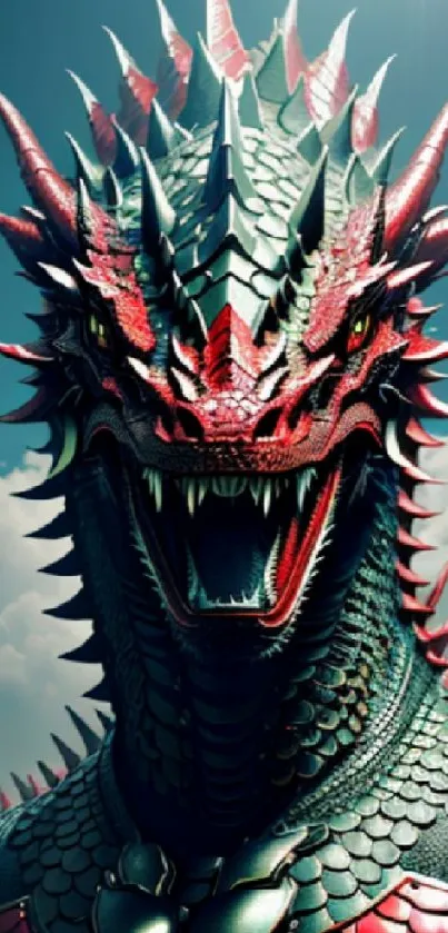 Vivid dragon with green and red scales against a blue sky, perfect for mobile screens.