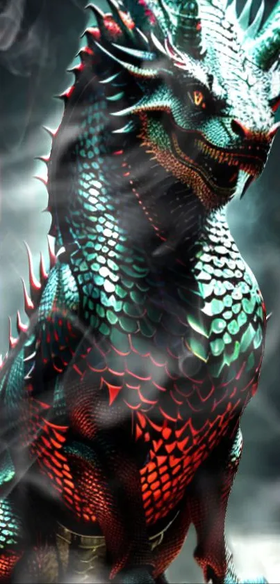 Fierce teal and red dragon with smoky background wallpaper.