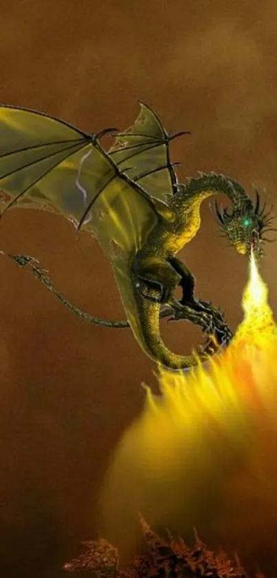 Dragon breathing fire in fantasy art wallpaper.