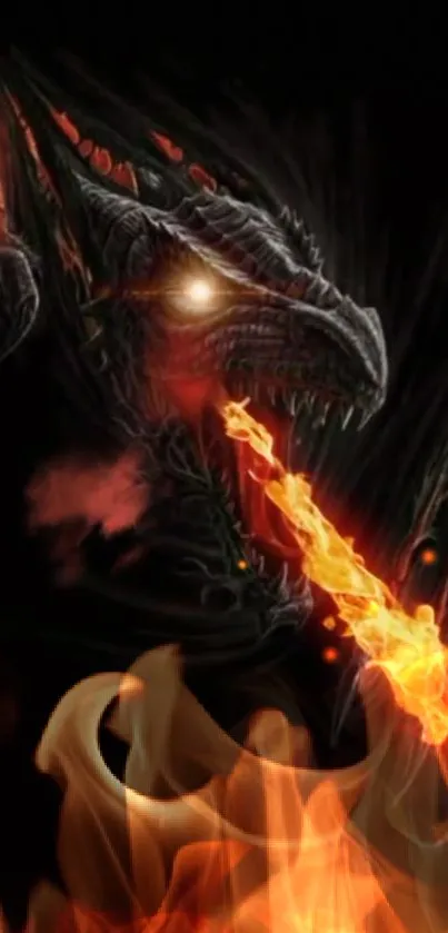 Fierce dragon breathing fire with dark background and bright flames.