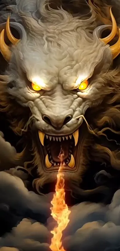 Fierce dragon breathing fire amidst swirling clouds.