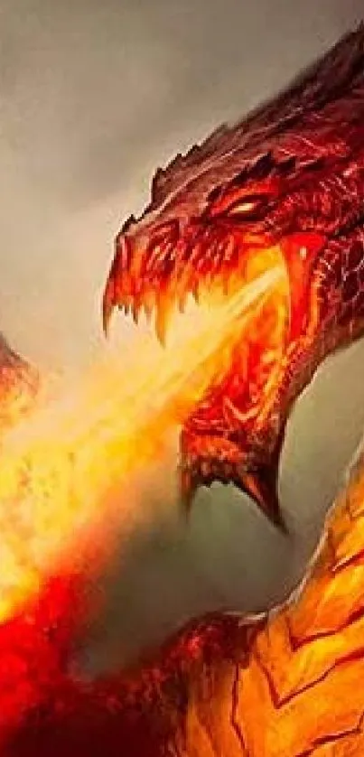 Vibrant dragon breathing fire with fierce intensity.