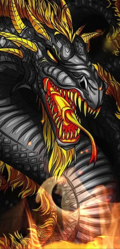 Fierce black dragon with fiery flames background wallpaper.