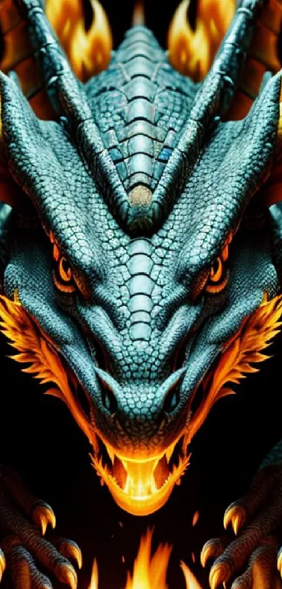 Dragon with fiery flames and sharp scales on a black background.