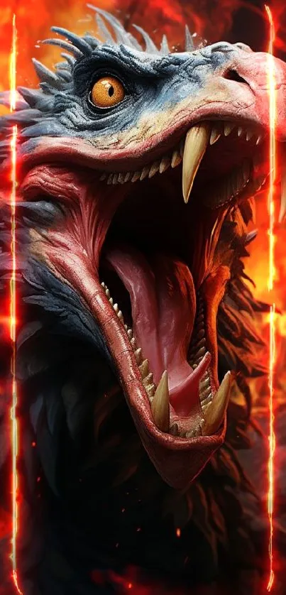 Fierce dragon roars with fiery flames in vibrant mobile wallpaper.