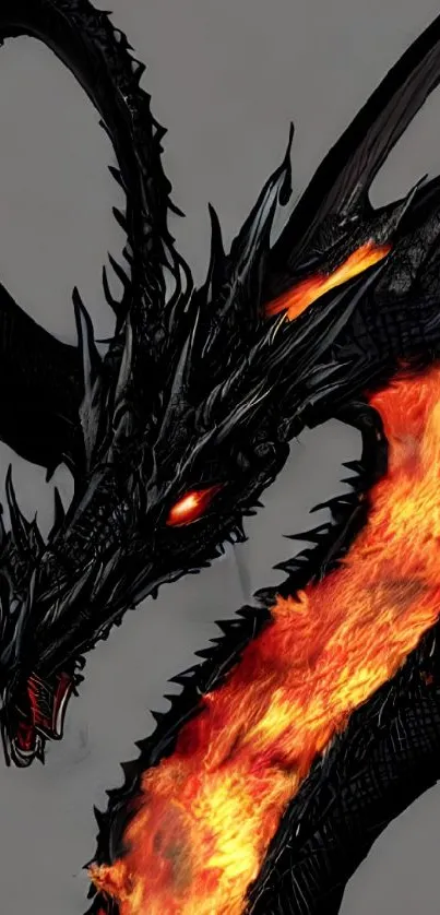 Fiery black dragon wallpaper with bright flames.