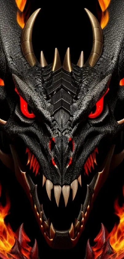 Dragon with red eyes and flames on a black background.