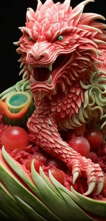 Intricate watermelon dragon sculpture with vibrant colors and detailed textures.