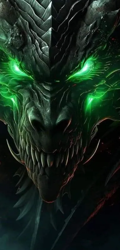 Fierce dragon with glowing green eyes on a mobile phone wallpaper.