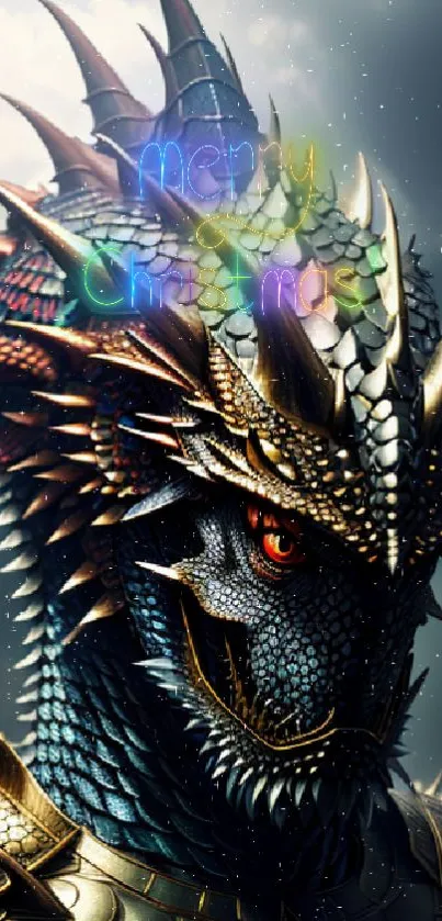 Intricately detailed dragon with dark scales and fierce eyes in artwork.