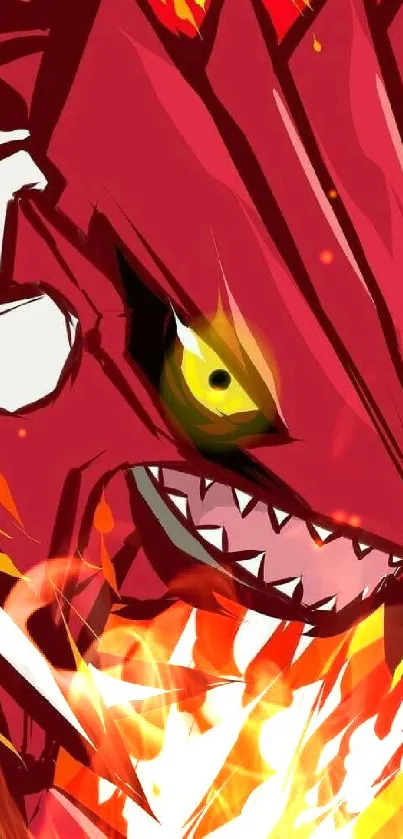 Fierce red dragon head with sharp teeth and fiery background.