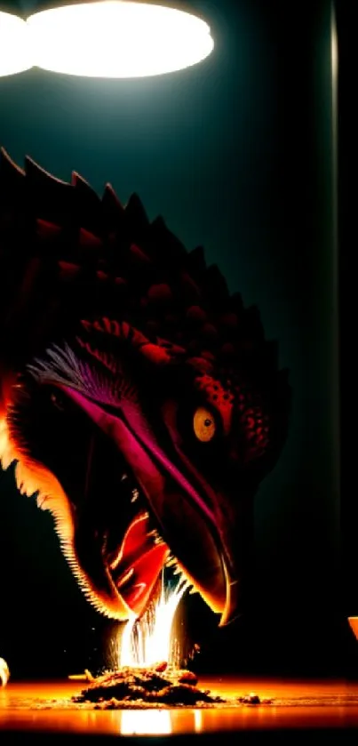 Vivid dragon eating under dramatic light, creating a striking scene.