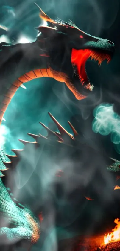 Fierce dragon with flames and smoke enveloping its form, emphasizing fantasy themes.