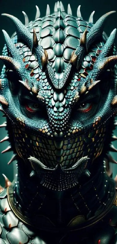 Intricate dragon mask with horns and scales in vibrant teal hues.