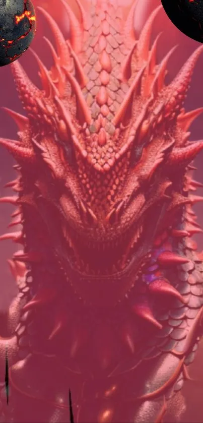 Fierce red dragon with scales and spikes on a phone wallpaper.