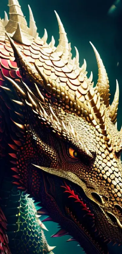 Fierce dragon with golden scales and fiery eyes in a dynamic wallpaper design.