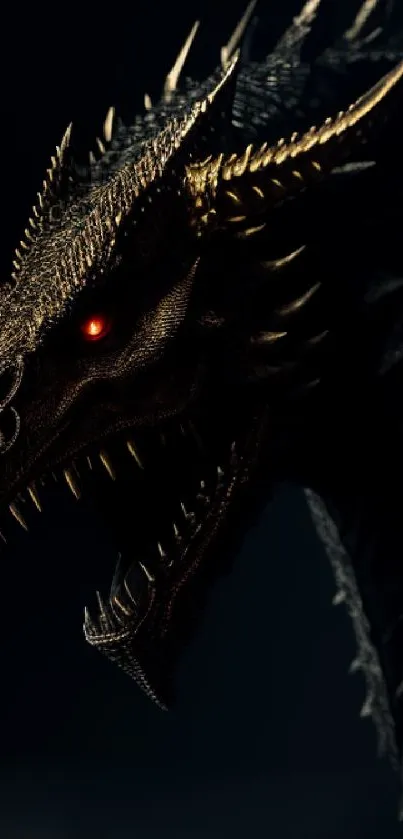 Fierce dragon with glowing red eyes on a dark background.