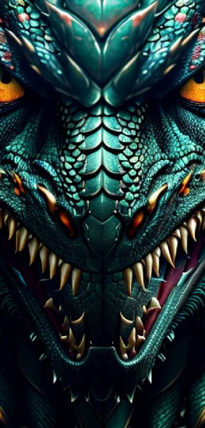 Fierce dragon face wallpaper with vivid eyes and teal scales.