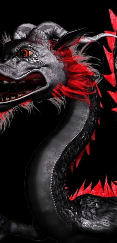 Fierce dragon with black scales and red accents on a dark background.