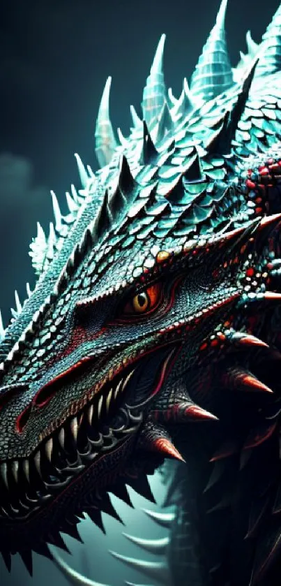 Fierce dragon with teal scales and spikes in a fantasy wallpaper.