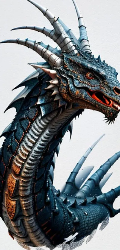 Detailed blue dragon with intricate scales and fierce expression.