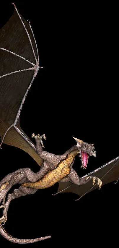 A detailed artwork of a fierce dragon in flight against a black background.